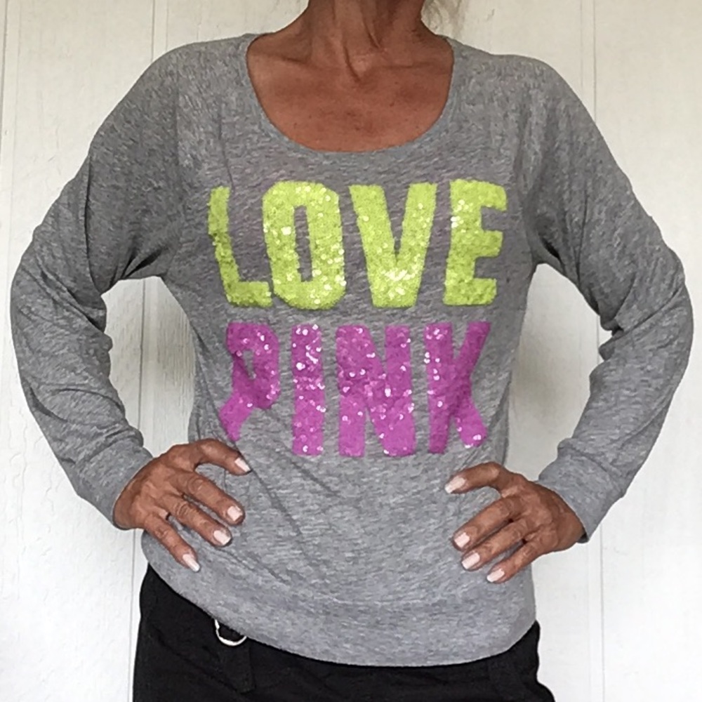 PINK VICTORIAS SECRET SEQUIN GRAY LONG SLEEVE TOP SMALL